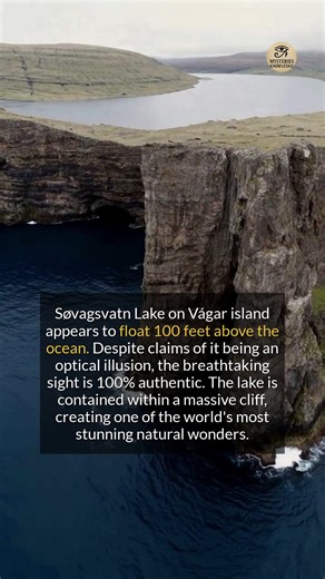 Sorvagsvatn Lake on Vágar island appears to float above the ocean, but despite viral claims of an optical illusion, it is 100% authentic. The lake, also known as Leitisvatn, creates a famous perspective-based illusion. From certain angles, the lake appears tilted precariously towards the ocean, seemingly ready to spill over. This is because the viewer is looking from a higher elevation across the lake's surface towards the end of the cliff. The lake itself is relatively calm and sits about 30-40