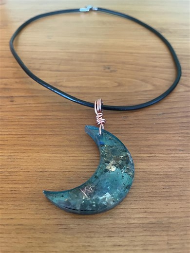 Orgone Moon Pendant Minimalist Blue-green Fluorite Black Tourmaline - Etsy