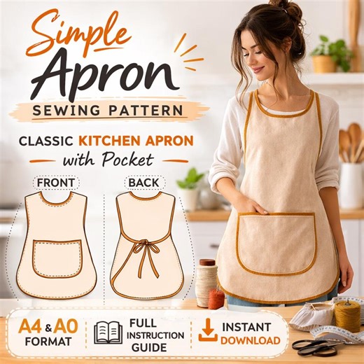 Simple Apron Sewing Pattern | Classic Kitchen Apron With Pocket (digital Download) - Etsy