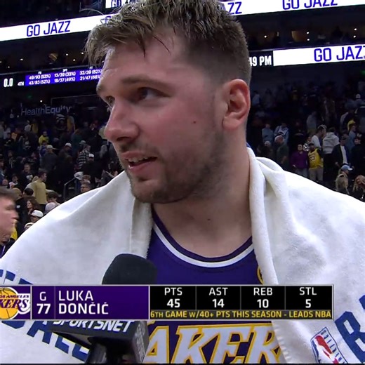 Spectrum SportsNet on Instagram: ""It's always tough to play on the road." Luka Dončić (45 PTS, 11 REB, 14 AST, 5 STL) talks with @miketrudell after the #Lakers 143-135 win in Utah over the Jazz. #LakeShow Get closer to the action with Spectrum SportsNet+. 🔗: Spectrum.com/GetLakers"