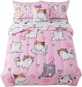 lishjekee 6 Pieces Cute Cat Comforter Twin for Girls Pink Cats Bedding Set Bed in A Bag for Kids Kawaii Pets Kitten Comforter and Sheets Set Cartoon Animal Bed Sets Home Decor