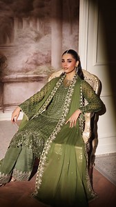 5.7K views · 27 reactions | Moss Glow – An elegant olive green chiffon ensemble that radiates effortless sophistication. The look is elevated with a sequin embroidered chiffon dupatta, adding a hint of shimmer, while chic culottes complete the silhouette with a modern edge. A perfect balance of charm and contemporary style, Moss Glow is designed to make a refined statement at any occasion. #Azure #Ensembles #Festive #Mossglow #shaadiseason | Azure | Facebook