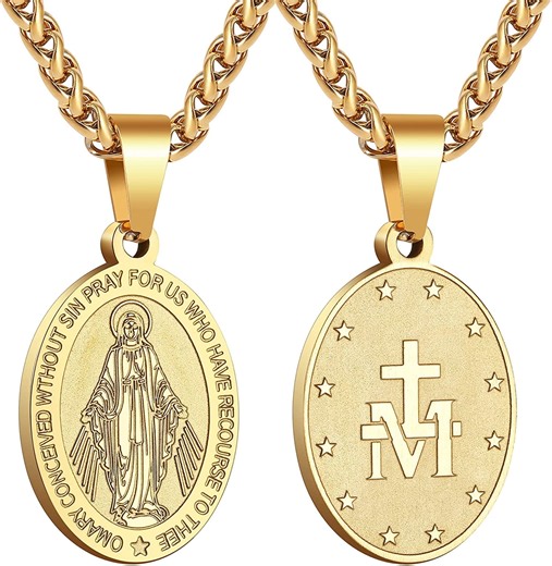 APSVO Gold Saint St Virgin Mary Necklaces for Men Boys Stainless Steel Medal Pendant Chain Christian Religious Catholic Birthday First Communion Easter Basket Stuffers Jewelry Gifts Teen Adults Kids