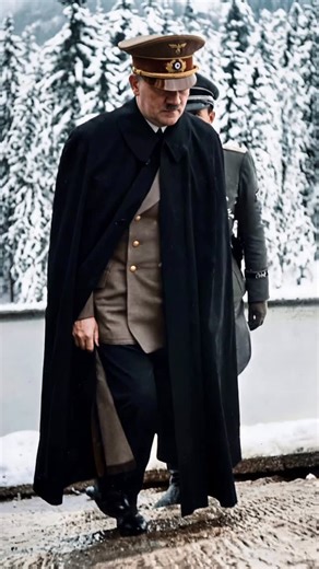 Revived Visuals on Instagram: "Late 1930’s photograph of Adolf in winter attire, wearing his distinctive floor-length military cape (sometimes referred to as a Mantel or Umhang) and a peaked cap featuring the Wehrmacht eagle. In the late 1930s and early war years, he increasingly adopted this cloak over his standard field-grey uniform. Behind him walks a uniformed adjutant (possibly Julius Schaub or Wilhelm Brückner). These aides were constantly at his side, carrying messages and managing the st
