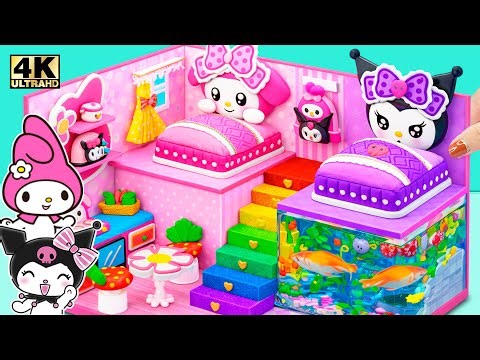 Make Hello Kitty House with Two Bedroom, Purple Room, Aquarium for Kuromi - DIY Miniature House