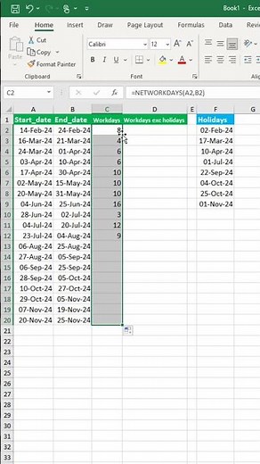NETWORKDAYS formula in excel