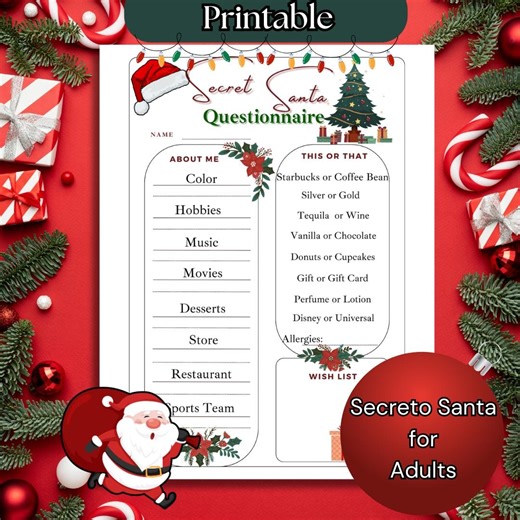 Secret Santa Questionnaire, Christmas Gift Exchange Form Printable PDF - Etsy