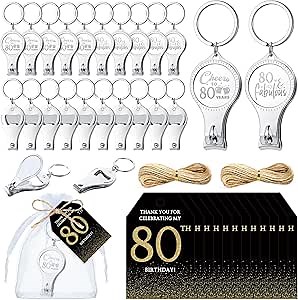 Zeyune 50 Sets 80th Birthday Party Favors for Guests Cheer to 80 Years Multi-functional Bottle Opener Nail Clippers with Thank You Card Organza Bags and Hemp Rope Anniversary Party Favors