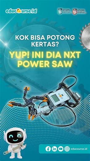 Coba Gratis! Kelas Coding Anak on Instagram: "Alat potong ini bisa kerja tanpa tenaga manual 🤯 Cukup motor, gear, dan satu tombol di pegangan. Tekan dan tahan, mata gergaji langsung berputar cepat bahkan bisa memotong selembar kertas ⚙️ Yup, ini dia NXT Power SAW hand-held power saw hasil projek robotik & mekanika. Penasaran sama robot dan projek teknologi lain yang nggak kalah keren? Yuk belajar robot bareng educourse.id 🤖 #robotik #STEM #projekrobotik #edutech #educourseid #teknologiedukasi"