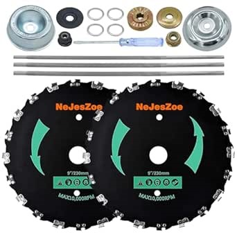 2-Set 9” x 20T Chainsaw Tooth Brush Cutter Blades Weed Trimmer Eater Blade with Universal Adapter Kits, 3 Assorted Round Files, 4 Washers for Brush Cutters, String Trimmers, and Weed Wreckers