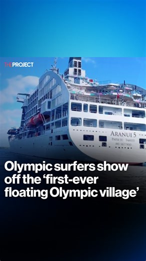 German surfer Camilla Kemp showed off the luxury cruise ship, dubbed the first ever ‘floating Olympic village’, that will house surfers competing in Tahiti. The ship comes equipped with a library, water slides and proper mattresses, unlike the cardboard beds in the Parisian athletes’ village. Credit: Tiktok/camilla_kemp | The Project