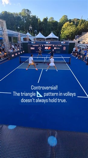 There is a pervading view that when volleying you should follow a triangle pattern. This means that if you hit the ball from right to left the opponent will hit the ball back straight to your left side. This allows you to anticipate the next shot. But as shown from this rally, the triangle pattern doesn't always happen. As players, we have to be ready for any direction rather than assuming the ball will go in a specific direction. This is a little controversial, as many coaches will teach the tr