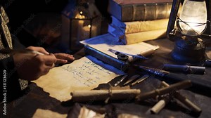 Writing arabic with eagle feather pen. Antique Background. Letter writing scene in historical times.