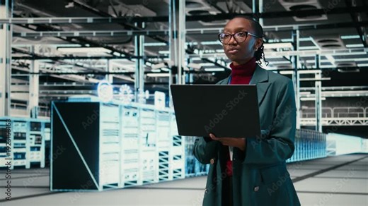 Female programmer walking in data center uses AR simulation and laptop to monitor systems. African american woman in server hub uses notebook to do optimizations, VFX compositing, camera A