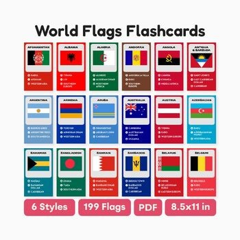 World Flags Flashcards Printable PDF Style 1 - 199 Country Flags Geography Card