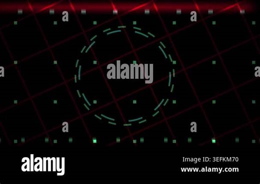 A digital interface with a circular scanning animation on a dark grid background with moving red laser light beams Stock Video Footage - Alamy