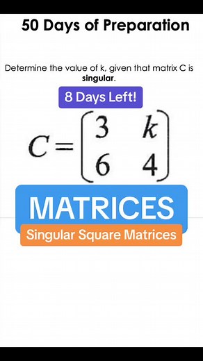 The determinant of a singular matrix is 0. Any 2x2 square matrix with a determinant that is not 0, is considered to be “non-singular”. Although we would associate singular with “1”, it is a determinant of 0 we look for when we look for singular matrices. It is also important to note that if a 2x2 matrix is singular, it does not have an inverse. #csecmaths #inverseofamatrix #determinant #determinantofamatrix #matrices