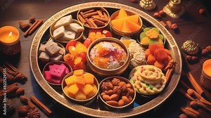 A festive tray brimming with traditional Indian sweets such as ladoo, barfi, and jalebi, symbolizing celebration, togetherness, and cultural heritage. Warm lighting enhances the inviting ambiance.