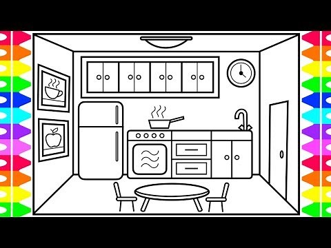 How to Draw a Kitchen Easy for Kids 💜💚💛🍽 Kitchen Drawing and Coloring Pages for Kids