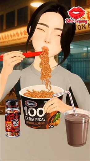 ASMR Cartoon Mukbang Gaga Spicy Noodles + Bon Cabe Level Up & Milo Milk |#asmr #mukbang #asmreating