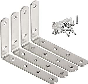 WEBI L Brackets Shelf Brackets for Shelves:5''Lx3''W,90 Degree Stainless Steel Corner Brace,Right Angle Bracket for Wood,Furniture,Brushed Nickel,4 Packs