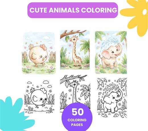 50 Kawaii Animal Coloring Pages for Kids | Farm, Jungle, Sea, Forest, Pets (PDF Download) - Etsy