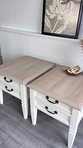 Taking these 1971 oak end tables from dated to modern… what do you think? Products used (links in bio): @stripwell QCS Finish Remover - code REIMAGINE10 saves 10% on your first order. @fusionmineralpaint in the color Raw Silk used as a paint wash and on the base - code REIMAGINEFMP saves 10%. #furnitureflip #furnitureflipping #furnitureflipper #fusioninfluencer #fusionmineralpaint #fusionrawsilk #endtablemakeover #furnituretransformation #beforeandafter | Reimagine Furniture Design