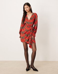 Never Fully Dressed leopard bow satin mini dress in red | ASOS