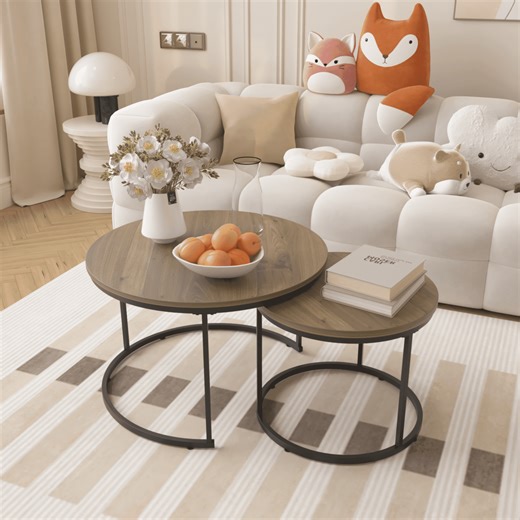 Brown Wood and Metal Nesting Coffee Table Set - 27.6 Inch Round Tables for Living Room Bedroom Balcony Yard