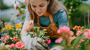 Woman planting gardens flowers agriculture gardener hobby and garden job. Stock Video