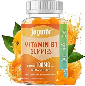 Vitamin B1 Gummies 100mg for Adults & Kids, Thiamine B1 Supplement with 600mg Calcium, Nervous System Supports & Boost Energy, Orange Flavor, Non GMO, Vegan, 60 Chewable Gummies