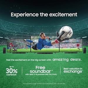 411K views · 1.8K reactions | Never miss any moment while on the big screen and with world-class sound. And never miss out on the best deals on Samsung TVs. With up to 30% cashback & a free soundbar on every purchase of Samsung QLED and Premium UHD TVs, and the best exchange valuation this football season, #ExperienceTheExcitement with #Samsung. | Samsung | Facebook