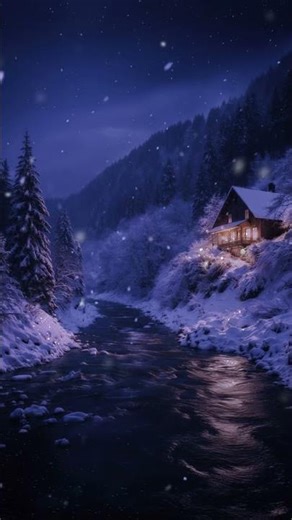 Silent Winter Night ❄️ Snowfall & Cozy Cabin by the River #cozy #relax #cozynights #snow