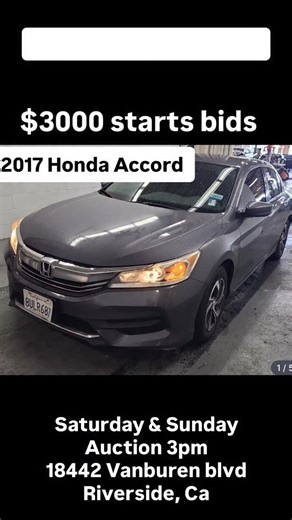 Saturday & Sunday Public Car Auction 3pm Gates open 1pm for early preview Si hablo espanol 18442 Vanburen blvd. Riverside, Ca 92508 (If you are in a different state and would like shipping we now also have our online auctions at 4pm (PST) Tuesday & Thursday @ Autoauctionsnearme.com PH0NE - 909 333 8413 Follow us on our instagram and tick tock pages @auction_liquidators @auto_auctions_near_me Bidding Starts 3pm Saturdays Gates open 1pm Auction is 3 hours so if your late it’s ok- Address: **18442 