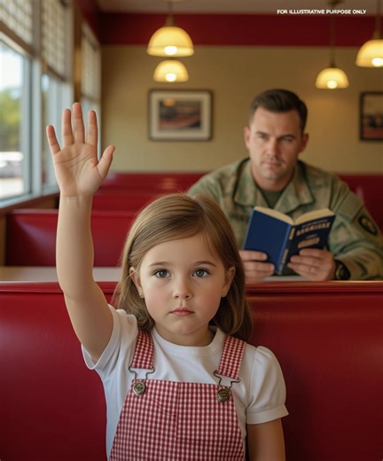 The diner was alive with clinking forks, murmurs of tired truckers, the hum of a jukebox playing some forgotten song. Nothing out of place—until one small hand rose above the vinyl booth. She couldn’t have been older than three. Her thumb tucked in, fingers folding down. The universal SOS signal. Most people would have missed it. But not Sergeant Daniel Whitmore, fresh back from deployment. His soldier’s eyes caught it instantly. His pulse spiked—but his face stayed calm. He smiled, reached into