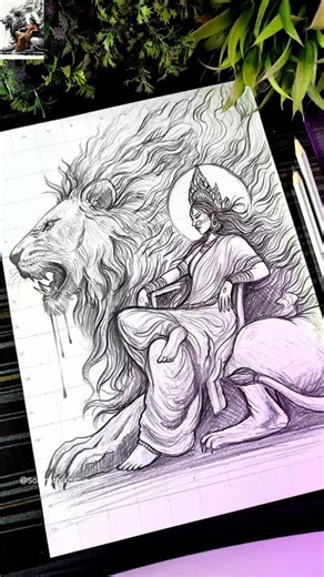 Maa Durga Aura Drawing 🔥🗿With Lion 🦁, Navratri Durga Thakur Drawing #shorts #maadurga #aura #drawing