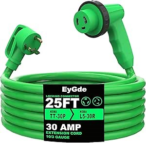EyGde 30 Amp RV Extension Cord 25FT, NEMA TT-30P Male to L5-30R Female Twist Locking RV Power Cord 10/3 Gauge Heavy Duty STW Wire Cord 90 Degree Grip Handle with Cord Organizer for RV Trailer Campers