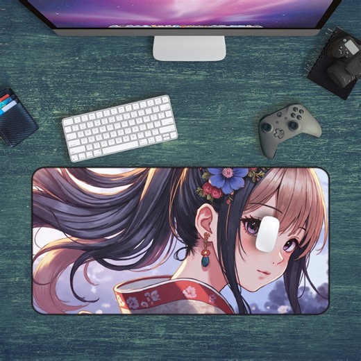 Beautiful Anime Kimono Girl Desk Mat, Floral Hair Waifu Mousepad, Japanese Aesthetic Portrait, Soft Dreamy Art, XL Cute Gaming Setup Decor - Etsy
