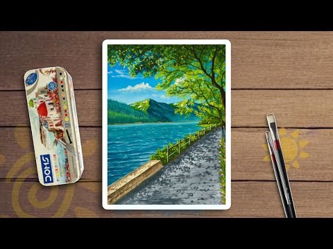 Serene Lakeside Scenery 🌿 | Poster Colour Landscape Painting Tutorial for Beginners
