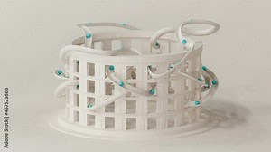 Abstract animated background. Modern 3d render with elements of motion around spheres on a twisted slide. Infinite animation. Realistic 3d render