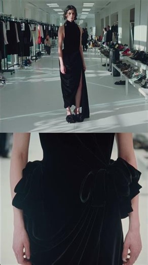 In fittings: Sihana wears a draped slashed velvet dress