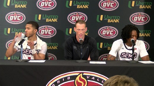 SEMO Redhawks head men's basketball coach Brad Korn and players Rob Martin and Troy Cole Jr. discussed the team's #OVCTourney semifinal victory over Little Rock on Friday. #OVCit | Ohio Valley Conference
