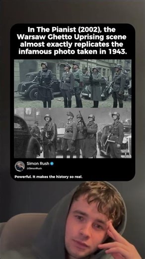 In The Pianist (2002), the Warsaw Ghetto Uprising scene almost exactly replicates the infamous photo
