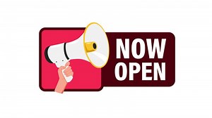 Now open sign with megaphone, isolated on white and green screen background