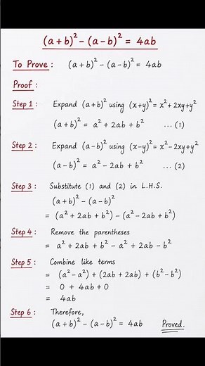 (a+b)²-(a-b)²= 4ab how? prove that‪@simplifyymaths‬ #mathguide #mathproject #mathway