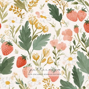 Watercolor Strawberry Pattern Digital Paper – Cottagecore Strawberries With Wildflowers, Seamless Botanical Design for Fabric - Etsy