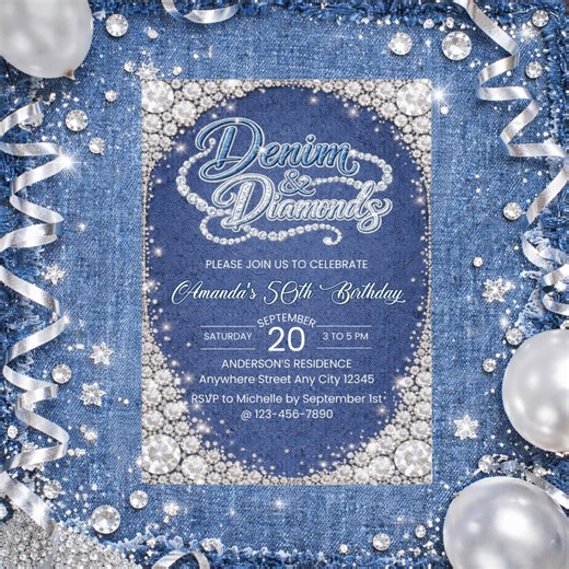 Denim & Diamonds Birthday Invitation Template (digital Download) - Etsy