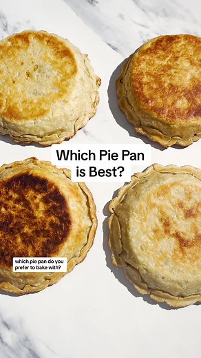 Which pie pan is best - glass, ceramic, disposable, or metal? 👩🏼‍🔬⁠ ⁠ Everything shown here features my Best Ever Pie Crust, blind baked at the same temperature, for the same amount of time. The only difference between each crust is the pie pan it was baked in. The results were CRAZY.⁠ ⁠ 🥧 GLASS: The pie crust baked in the Pyrex glass pie dish wasn’t super sturdy, and felt quite delicate when removed. Glass takes a long time to conduct heat compared to metal, so you may not achieve as much b