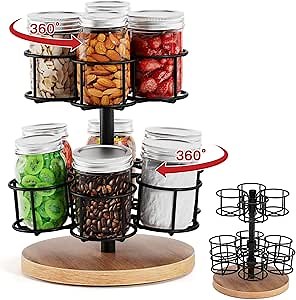afontoto 2-Tier Rotating Mason Jar Rack for 16oz Canning Jars, Wooden Base Lazy Susan Organizer for 16 oz Overnight Oats Containers, Space-Saving Shelf Storage for Kitchen & Dining Table