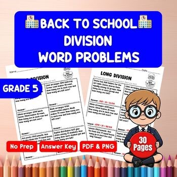 5th Grade Long Division Word Problems Worksheets | Back to School Math | Test Pr